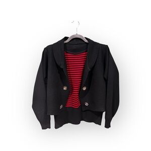 Layered-Look Knit Sweater / Cardigan | Black & Red | Cotton Blend
